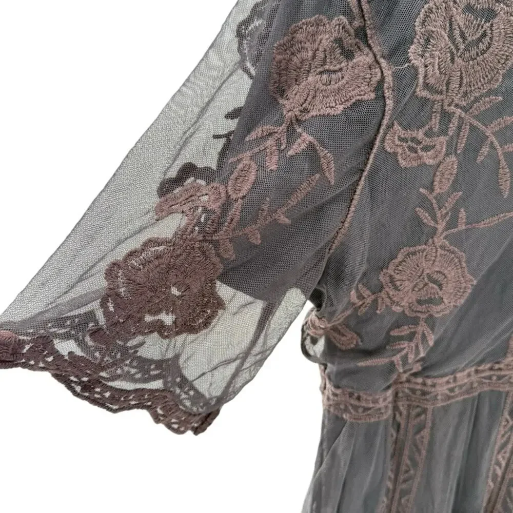 Lace Overlay Whimsigoth Maxi Short Sleeve M Dress Renaissance Moody Dark Fairy